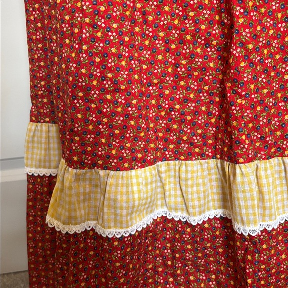 Lola Juniors 3 Vintage Ruffle Gingham Floral Red and Yellow Sleeveless Dress 70s - Picture 5 of 8